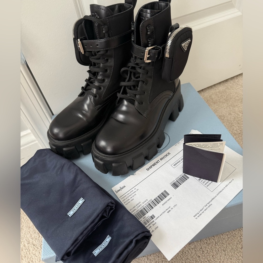 PRADA Monolith with Side Pocket Ankle Boot Size US 7  Black